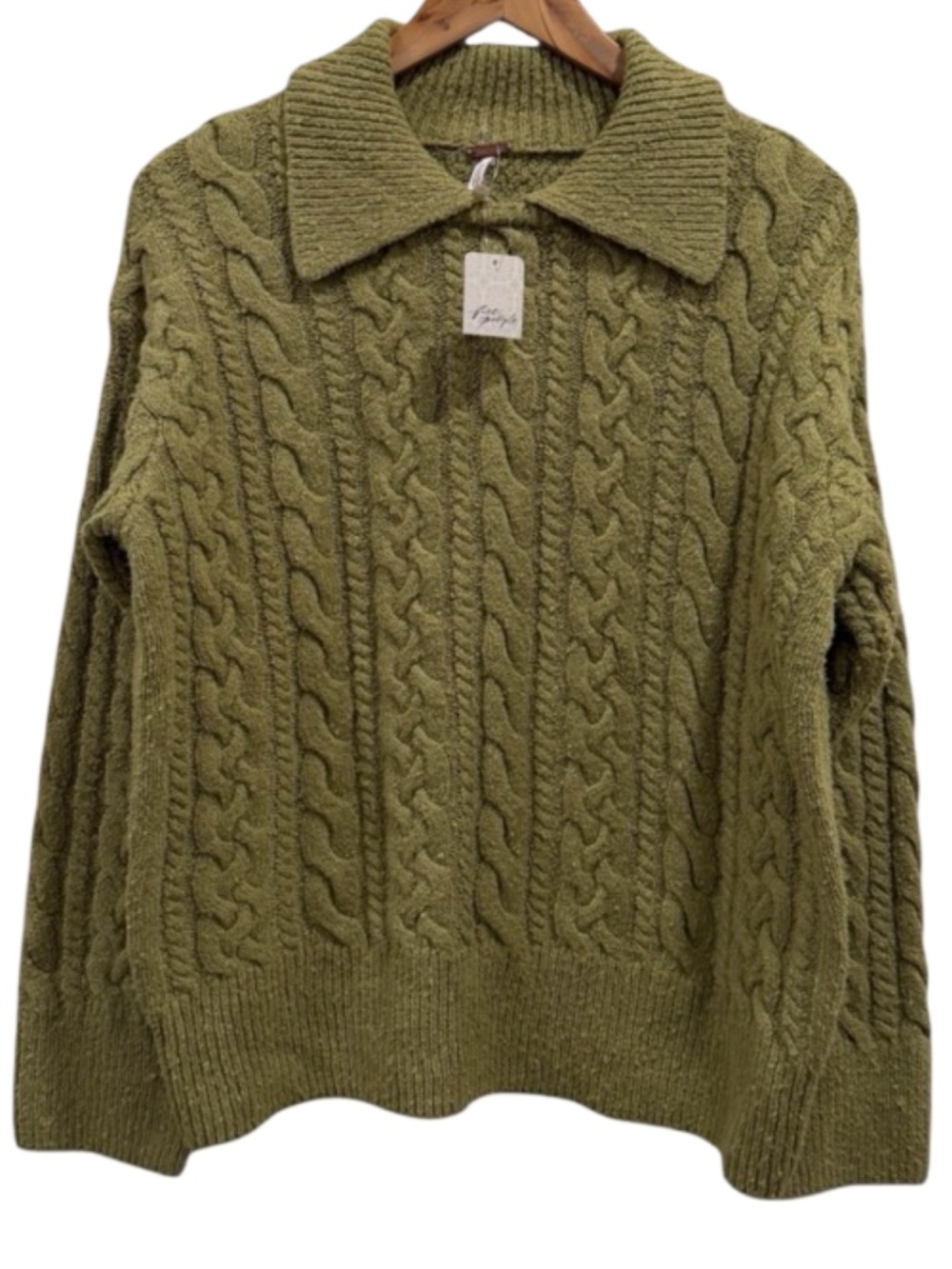 New Free People Academic Cable Knit Polo In Green In Moss Green